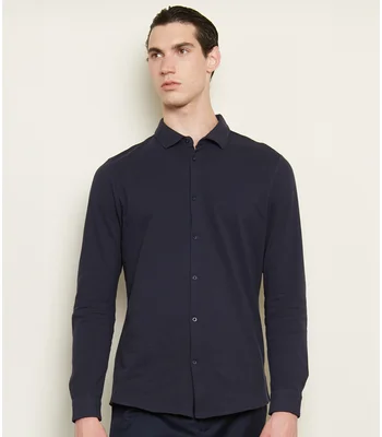 NEOBLU NEOBLU Basile Organic Cotton Long Sleeve Piqué Shirt in Deep Black