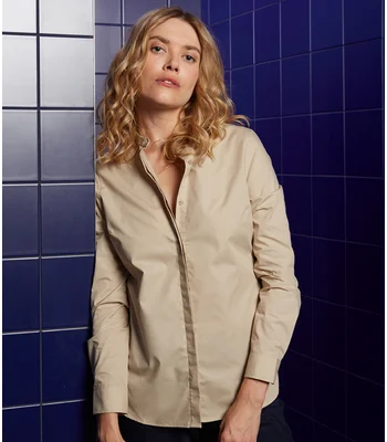 NEOBLU NEOBLU Ladies Bart Mao Collar Long Sleeve Poplin Shirt in Deep Black