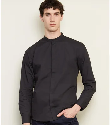 NEOBLU NEOBLU Bart Mao Collar Long Sleeve Poplin Shirt in Deep Black