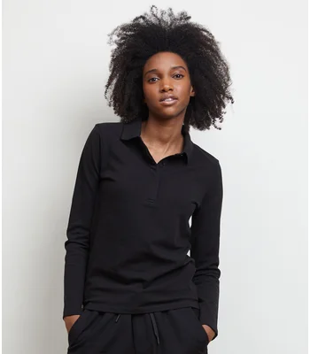 NEOBLU NEOBLU Ladies Owen Long Sleeve Piqué Polo Shirt in Deep Black