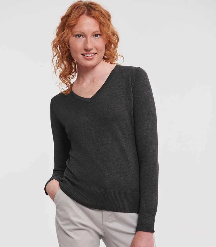 Russell Athletic Collection Russell Athletic Collection Ladies Cotton Acrylic V Neck Sweater in Charcoal Marl