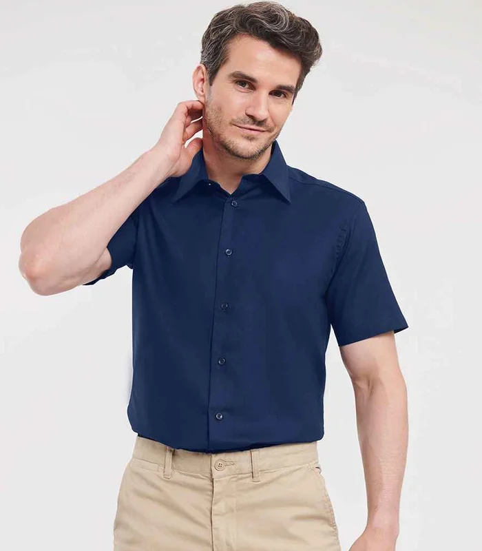 Russell Athletic Collection Russell Athletic Collection Short Sleeve Tailored Oxford Shirt in Bright Navy
