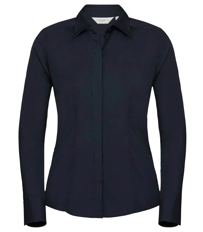 Russell Athletic Collection Russell Athletic Collection Ladies Long Sleeve Fitted Poplin Shirt in French Navy