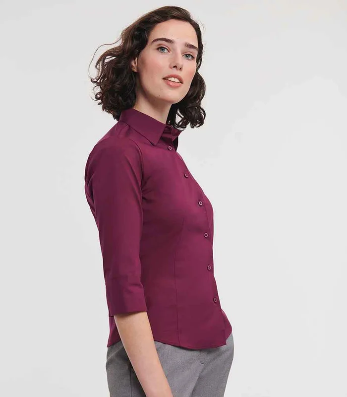 Russell Athletic Collection Russell Athletic Collection Ladies 3/4 Sleeve Easy Care Fitted Shirt in Port