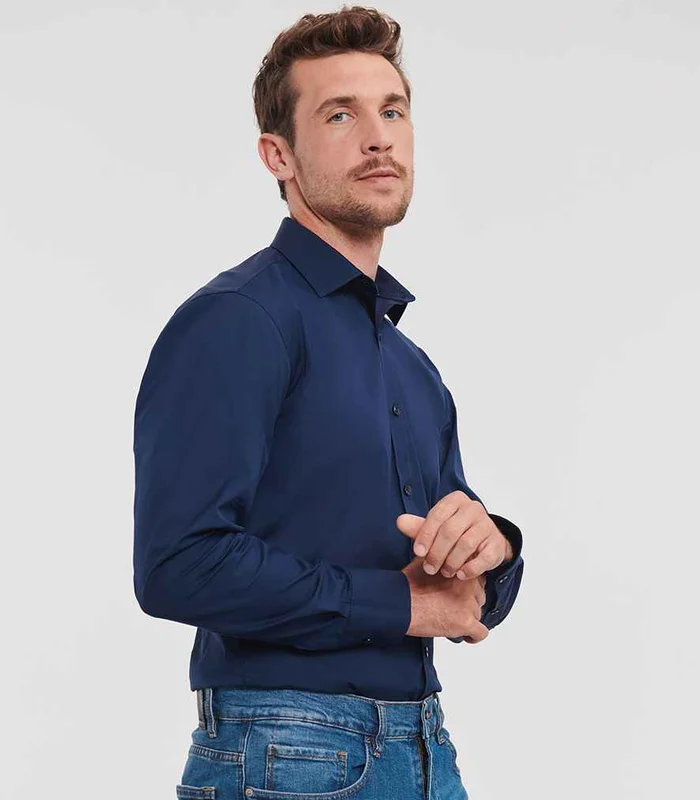 Russell Athletic Collection Russell Athletic Collection Long Sleeve Ultimate Stretch Shirt in Bright Navy