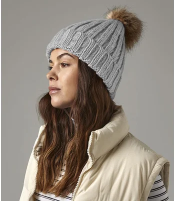 Beechfield Beechfield Faux Fur Pop Pom Chunky Beanie in Black