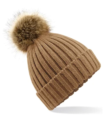 Beechfield Beechfield Faux Fur Pop Pom Chunky Beanie in Biscuit