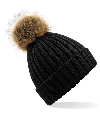 Beechfield Beechfield Faux Fur Pop Pom Chunky Beanie in Black