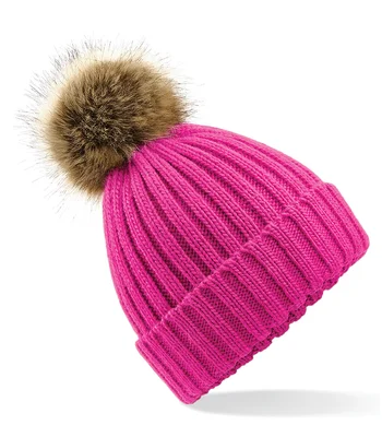 Beechfield Beechfield Faux Fur Pop Pom Chunky Beanie in Fuchsia
