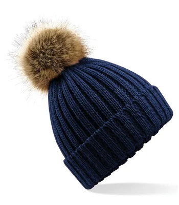 Beechfield Beechfield Faux Fur Pop Pom Chunky Beanie in Navy