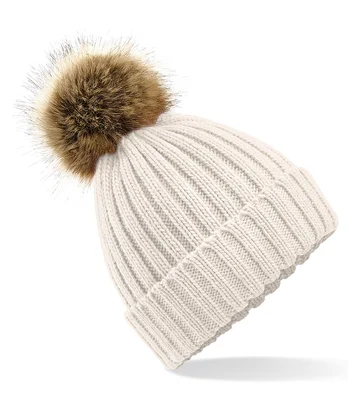 Beechfield Beechfield Faux Fur Pop Pom Chunky Beanie in Oatmeal