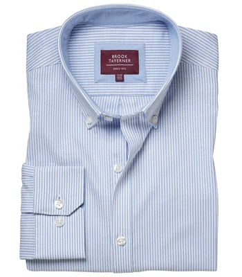 Brook Taverner Brook Taverner Lawrence Long Sleeve Stretch Oxford Shirt in Sky Blue Stripe