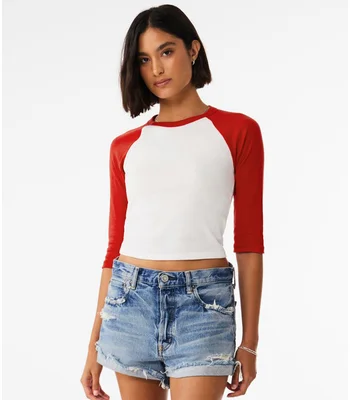 Bella+Canvas Bella Ladies Micro Rib 3/4 Raglan Baby T-Shirt in White/Red