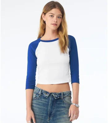 Bella+Canvas Bella Ladies Micro Rib 3/4 Raglan Baby T-Shirt in White/Royal Blue