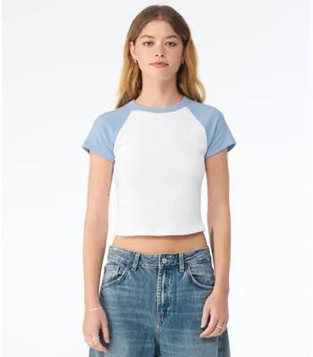 Bella+Canvas Bella Ladies Micro Rib Raglan Baby T-Shirt in White/Baby Blue