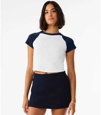 Bella+Canvas Bella Ladies Micro Rib Raglan Baby T-Shirt in White/Navy