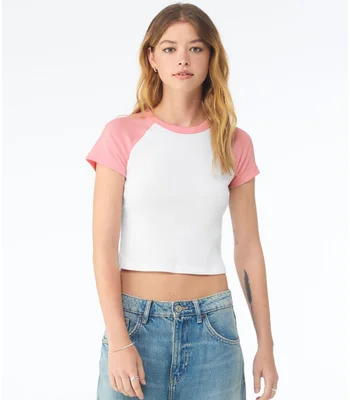 Bella+Canvas Bella Ladies Micro Rib Raglan Baby T-Shirt in White/Pink