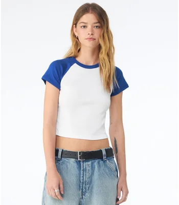 Bella+Canvas Bella Ladies Micro Rib Raglan Baby T-Shirt in White/Royal Blue