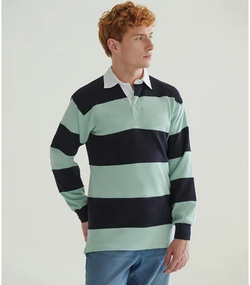 Front Row Front Row Sewn Stripe Rugby Shirt in White/Navy