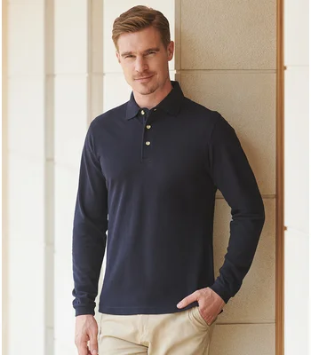 Henbury Henbury Long Sleeve Cotton Piqué Polo Shirt in BLK