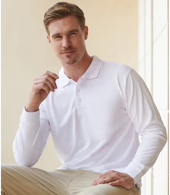 Henbury Henbury Unisex Long Sleeve Coolplus® Piqué Polo Shirt in WHI