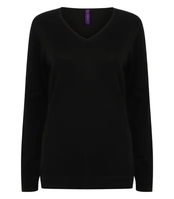 Henbury Henbury Ladies Lightweight Cotton Acrylic V Neck Sweater in BLK