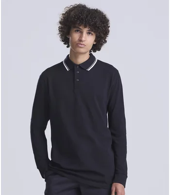 Just Polos AWDis Long Sleeve Tipped 100 Polo Shirt in DBK/W