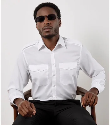 Kustom Kit Kustom Kit Long Sleeve Tailored Pilot Shirt in WHI