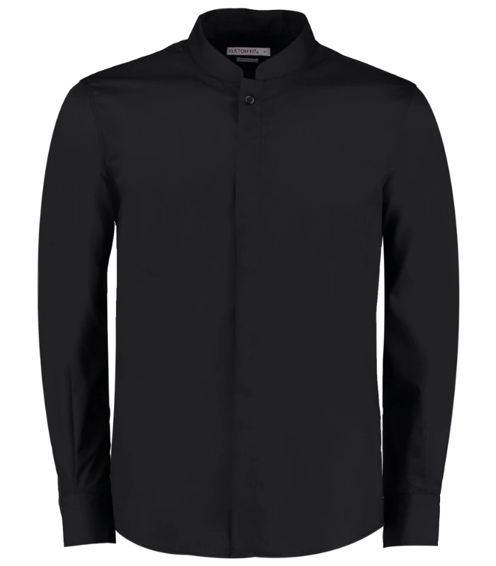 Kustom Kit Kustom Kit Long Sleeve Tailored Mandarin Collar Shirt in BLK