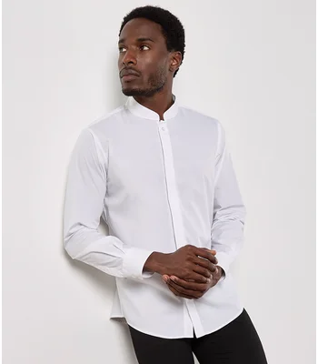 Kustom Kit Kustom Kit Long Sleeve Tailored Mandarin Collar Shirt in WHI