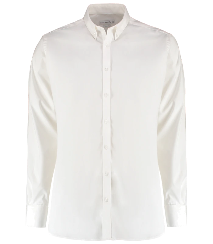 Kustom Kit Kustom Kit Slim Fit Stretch Long Sleeve Oxford Shirt in WHI