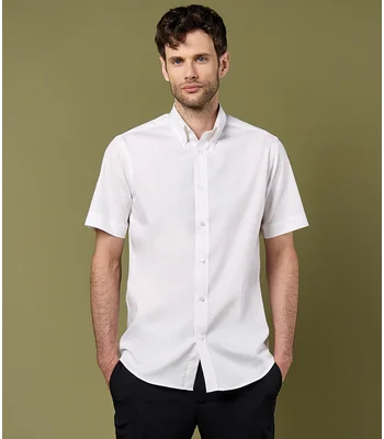 Kustom Kit Kustom Kit Premium Short Sleeve Tailored Oxford Shirt in WHI