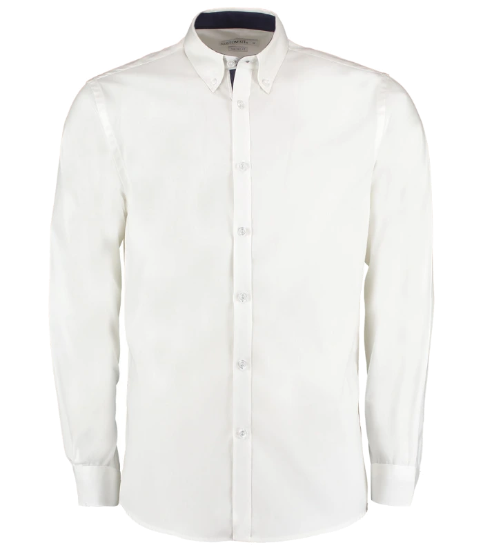 Kustom Kit Kustom Kit Premium Long Sleeve Contrast Tailored Oxford Shirt in WH/NV