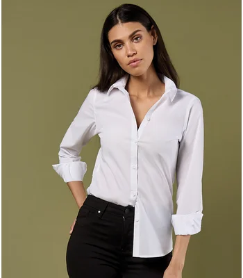 Kustom Kit Kustom Kit Ladies Long Sleeve Tailored Poplin Shirt in WHI