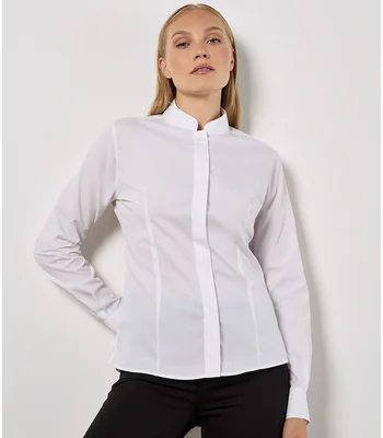 Kustom Kit Kustom Kit Ladies Long Sleeve Tailored Mandarin Collar Shirt in WHI
