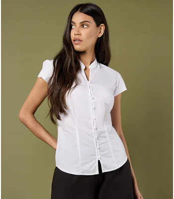 Kustom Kit Kustom Kit Ladies Cap Sleeve V Neck Tailored Continental Blouse in WHI