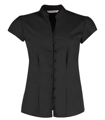 Kustom Kit Kustom Kit Ladies Cap Sleeve V Neck Tailored Continental Blouse in BLK
