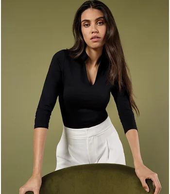 Kustom Kit Kustom Kit Ladies 3/4 Sleeve Mandarin Collar Top in BLK