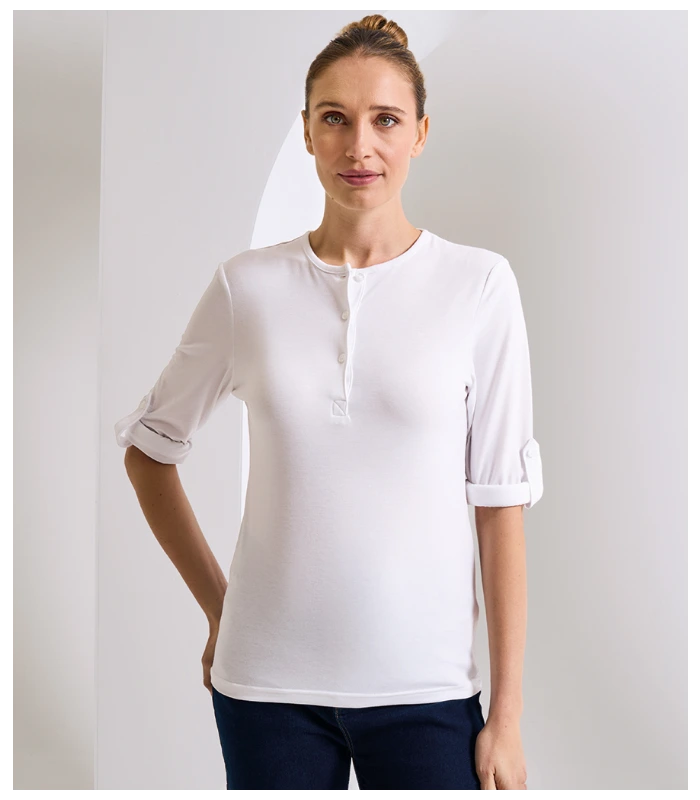 Premier Premier Ladies Long John Roll Sleeve T-Shirt in WH/NV