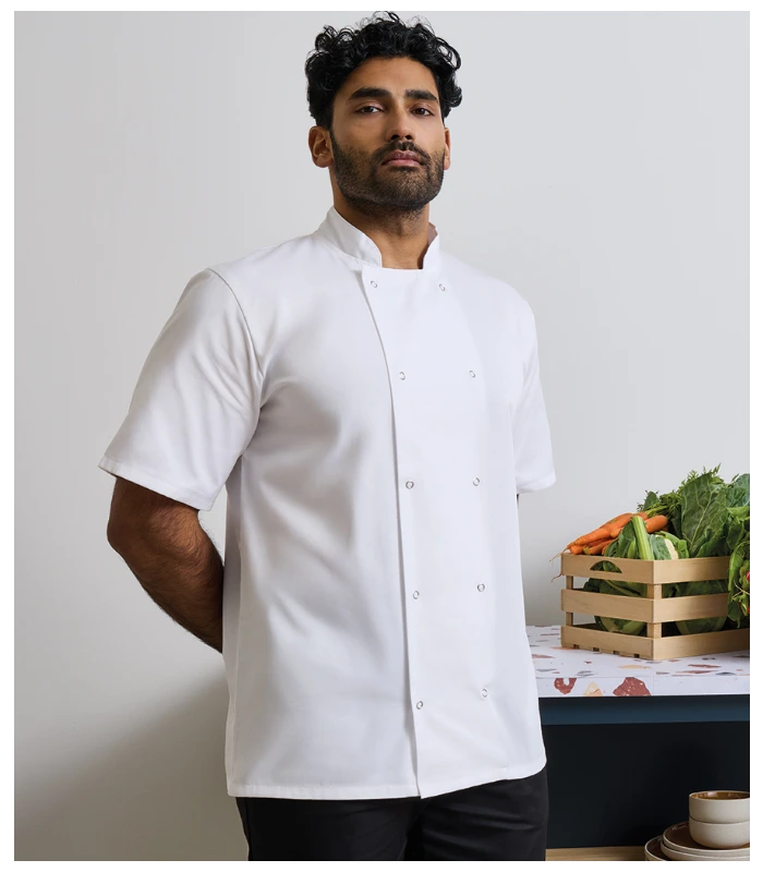 Premier Premier Unisex Short Sleeve Stud Front Chef's Jacket in WHI