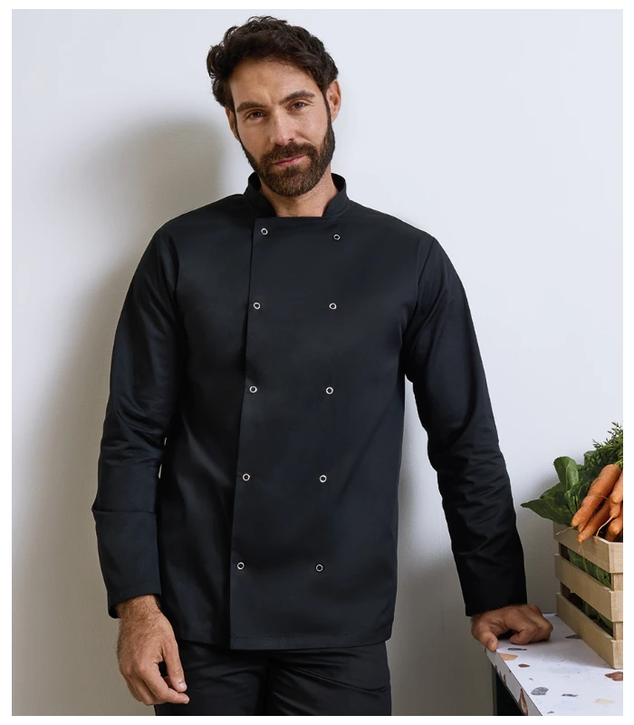 Premier Premier Unisex Long Sleeve Stud Front Chef's Jacket in BLK