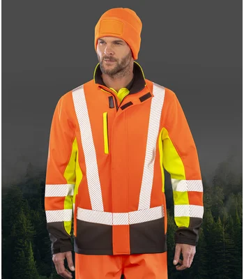 Result Genuine Recycled Result Recycled Three Layer Printable 3-Tone Safety Soft Shell Jacket in FY/O/B