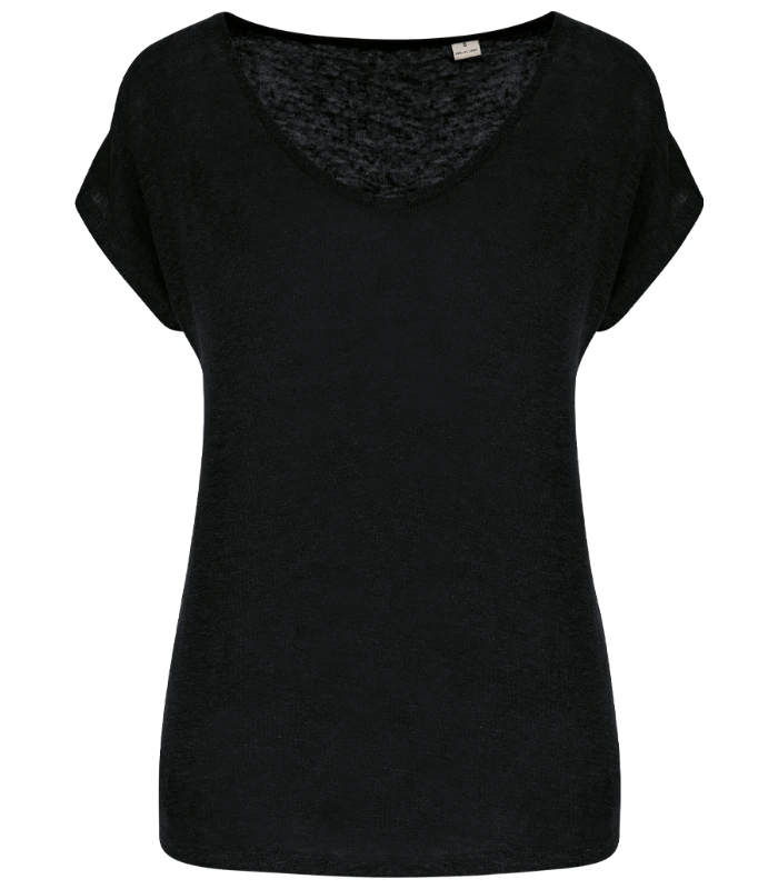 Spasso Spasso Ladies V Neck Linen T-Shirt in BLK
