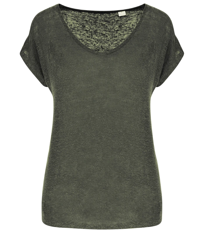 Spasso Spasso Ladies V Neck Linen T-Shirt in ORK