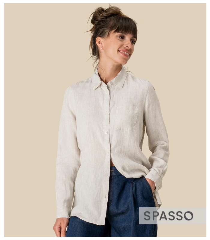 Spasso Spasso Ladies Long Sleeve Linen Shirt in BLK