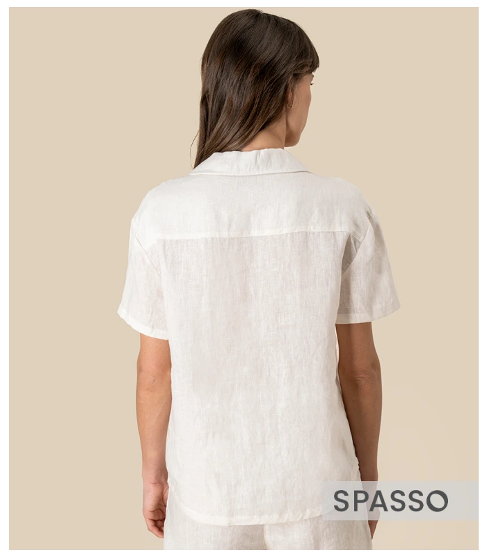 Spasso Spasso Ladies Short Sleeve Linen Bowling Collar Shirt in IVO